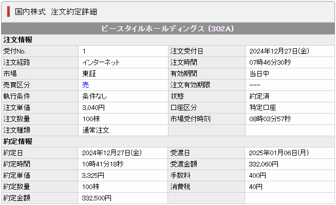 IPO(302A_ビースタイルホールディングス_SMBC日興証券)(売却)